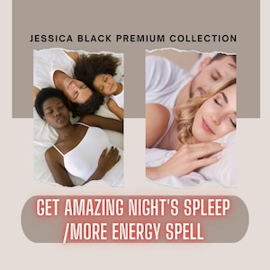 Op de afbeelding: De afbeelding is verdeeld in twee secties. Links liggen drie mensen in witte tops op een bed. Rechts is een stel in bed te zien. Bovenin staat de tekst "JESSICA BLACK PREMIUM COLLECTION". De tekst onderaan luidt "GET AMAZING NIGHT'S SLEEP / MORE ENERGY SPELL."