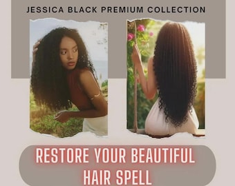 Può includere: Una pubblicità per la Jessica Black Premium Collection con due immagini di donne con lunghi capelli neri ricci. Il testo "RESTORE YOUR BEAUTIFUL HAIR SPELL" è visualizzato in rosa e bianco su uno sfondo marrone chiaro, con il nome del marchio in alto.