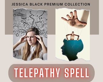 Könnte beinhalten: Ein Bild mit dem Text "JESSICA BLACK PREMIUM COLLECTION" und "TELEPATHY SPELL". Das Bild zeigt zwei Collagen: eine von einer Person mit verwirrtem Gesichtsausdruck und eine andere von einer Person, die von Fäden einer Hand gesteuert wird.