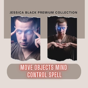 May include: The image features two portraits of a person with glowing blue eyes, set against a dark background. The text "JESSICA BLACK PREMIUM COLLECTION" is at the top, and "MOVE OBJECTS MIND CONTROL SPELL" is at the bottom.