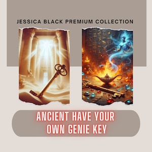 Könnte beinhalten: Ein goldener Schlüssel liegt im Sand eines antiken Tempels, mit einem hellen Licht, das durch die Tür scheint. Der Text lautet "Ancient Have Your Own Genie Key".