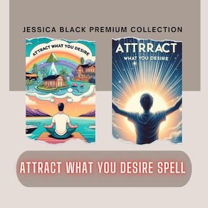 Può includere: Due illustrazioni colorate con il testo "ATTRACT WHAT YOU DESIRE" e "ATTRACT WHAT YOU DESIRE SPELL". Un'immagine mostra una persona che medita, l'altra una persona con le braccia tese verso una luce brillante. Collezione Jessica Black Premium.