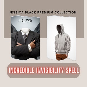 May include: Two images of people wearing clothing that makes them appear invisible. The first image shows a person wearing a suit and tie with glasses on top of their head. The second image shows a person wearing a grey hoodie and brown pants. The text "INCREDIBLE INVISIBILITY SPELL" is at the bottom of the image.