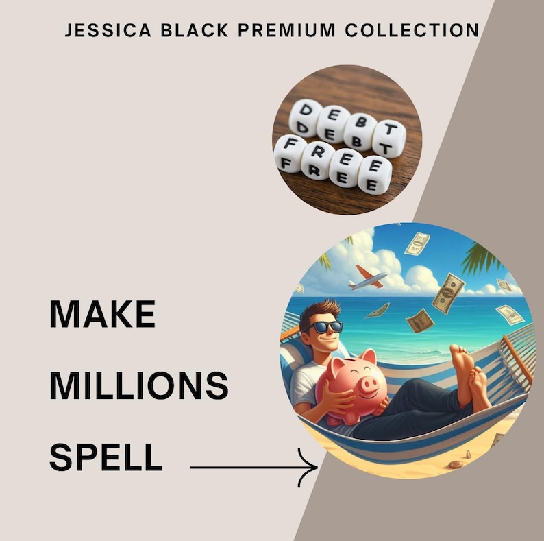 May include: Image promoting financial freedom. The text reads "MAKE MILLIONS SPELL" with an arrow pointing to an illustration of a person relaxing in a hammock, holding a piggy bank, with money falling from the sky. The words "DEBT FREE" are spelled out with letter blocks.