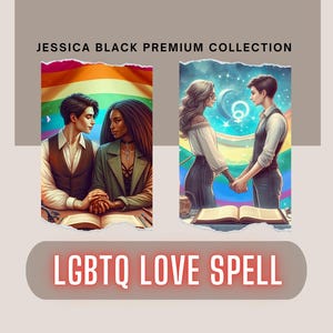 Può includere: Due coppie che si tengono per mano davanti a una bandiera arcobaleno e un libro aperto. Il testo "LGBTQ LOVE SPELL" è in basso nell'immagine.