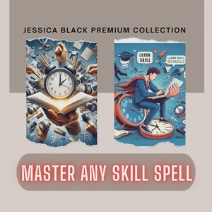 Puede incluir: Dos ilustraciones con temática de aprendizaje. La imagen de la izquierda muestra un reloj, un libro abierto y manos sosteniendo herramientas. La imagen de la derecha representa a una persona con traje y capa sobre un reloj, con el texto "Learn Skill Quickly". También está presente el texto "Master Any Skill Spell".