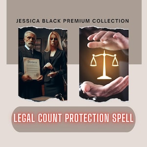 May include: An image featuring the text "JESSICA BLACK PREMIUM COLLECTION". The image is split into two parts. The left shows a judge with a document marked "Divorce" and a woman in a suit. The right shows a glowing scales symbol. The text "LEGAL COUNT PROTECTION SPELL" is at the bottom.