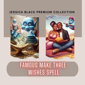 Può includere: Illustrazione digitale con un genio blu con una lampada d'oro e denaro, e una coppia con una ciotola d'oro. Il testo recita "JESSICA BLACK PREMIUM COLLECTION" e "FAMOUS MAKE THREE WISHES SPELL".
