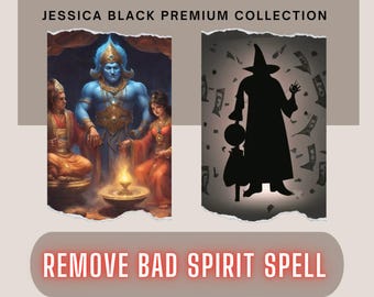 May include: An image with the text "JESSICA BLACK PREMIUM COLLECTION" at the top. Below are two illustrations: one depicts a blue-skinned deity with two figures, and the other is a black silhouette of a witch. The text "REMOVE BAD SPIRIT SPELL" is at the bottom.