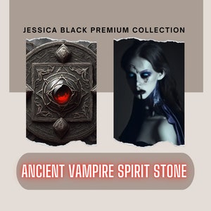 Può includere: Una cornice scura, ornata, di colore argentato con una gemma rossa al centro. La cornice è circondata da uno sfondo nero. Il testo "ANCIENT VAMPIRE SPIRIT STONE" è scritto in lettere rosse sotto la cornice.