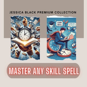 May include: Two illustrations depicting the concept of learning new skills quickly. The first image shows a hand holding open a book with a clock and various objects floating around it. The second image shows a person sitting on a clock, working on a laptop, with the text "Learn Skill" and "Learn Skill Quickly" above them.