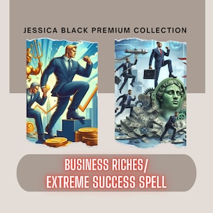 Puede incluir: Una ilustración digital que representa un hechizo de éxito empresarial. La imagen presenta a un hombre con traje subiendo una escalera hecha de monedas de oro, mientras que otro hombre con traje camina sobre una pila de dinero con una estatua de cabeza de mujer en el fondo. El texto "BUSINESS RICHES/EXTREME SUCCESS SPELL" se muestra debajo de la imagen.