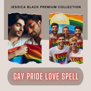 Può includere: Due uomini si abbracciano, avvolti in una bandiera arcobaleno del pride. L'immagine è su uno sfondo di un gruppo di uomini che indossano magliette bianche con slogan di pride arcobaleno, tra cui "Love is Love". Il testo "Gay Pride Love Spell" è in basso nell'immagine.