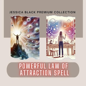 May include: Two illustrations depicting the Law of Attraction. The first image shows a person standing on a mountaintop with their arms outstretched, surrounded by a swirling vortex of colorful objects. The second image shows a person standing in a room with a book and a microscope, pointing a wand at a swirling vortex of colorful objects.