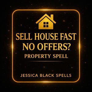Op de afbeelding: Een digitale afbeelding met een gouden huisicoon en de tekst "SELL HOUSE FAST NO OFFERS? PROPERTY SPELL" op een zwarte achtergrond. De tekst "JESSICA BLACK SPELLS" staat onderaan, met een gouden rand en sterren.