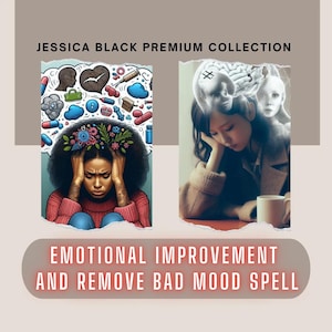 May include: A digital illustration of a woman with a thought bubble above her head. The thought bubble is filled with colorful images of pills, syringes, and other medical symbols. The woman is holding her head in her hands and looks distressed. The image is titled "Emotional Improvement and Remove Bad Mood Spell".
