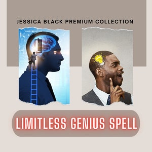 Op de afbeelding: Twee mannen worden getoond met afbeeldingen van een hersenen en een gloeilamp boven hun hoofd. De tekst "JESSICA BLACK PREMIUM COLLECTION" staat bovenaan de afbeelding. De tekst "LIMITLESS GENIUS SPELL" staat onderaan de afbeelding.