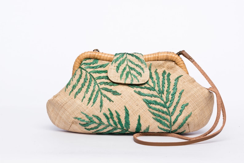 Sac à 新発売 main 最大98％オフ vegan Straw Clutch embroidered leaf Bag Floral palm