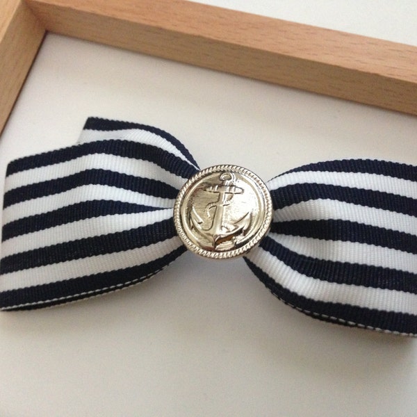 Girl Nautical Hair Bow - Navy/White Stripe - Silver Anchor Button - 4 Inch French Barrette