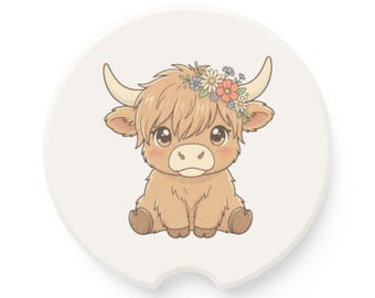 Cute Floral Highland Cow Soapstone Car Coaster