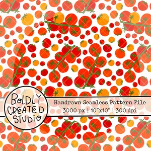 May include: A hand-drawn seamless pattern featuring red and orange tomatoes on a white background. The tomatoes are clustered on green stems. The image includes the text "BOLDLY CREATED STUDIO" and "Handrawn Seamless Pattern File 3000 px | 10"x10" | 300 dpi".