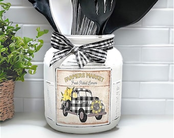 White,**, Buffalo Check Farm Truck Rustic Farmhouse Mason Jar Utensil Holder,Cottage,Vintage,Retro, Ball Jar, Housewarming,Wedding