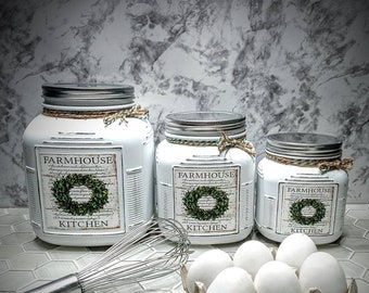 Christmas Wreath Kitchen Canister Set, Countertop Flour, Sugar,Tea or Coffee Storage, Rustic Farmhouse Decor