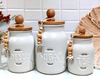 White Ceramic Rustic Canister Set/Unique Farmhouse or Cottage Style/Gift for Mother's Day, Housewarming, Wedding, Christmas, Birthday