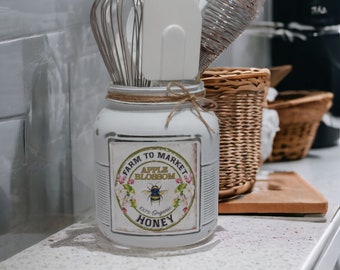 Honey Bee  Rustic Farmhouse Mason Jar Utensils Holder, Cottage, Vintage,  Ball Jar Canister, Housewarming,Wedding Gift,Cracker Jar