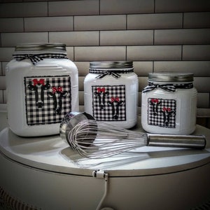 Rustic Gloss Black and White Buffalo Plaid  Check Modern Farmhouse Kitchen Canister Set/Wedding Gift/Housewarming/HGTV/Cow/Cracker Jar/Retro