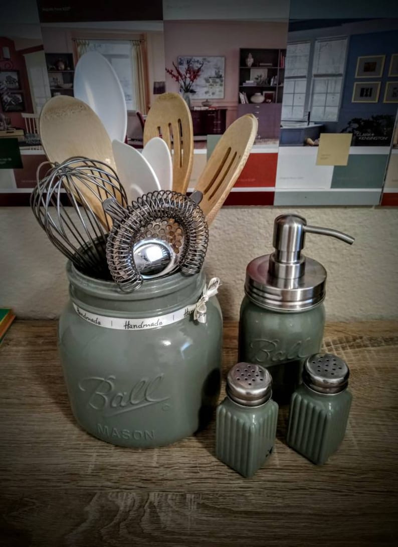 Sage Green Rustic Kitchen Utensils Holder/Farmhouse Mason Jar Etsy