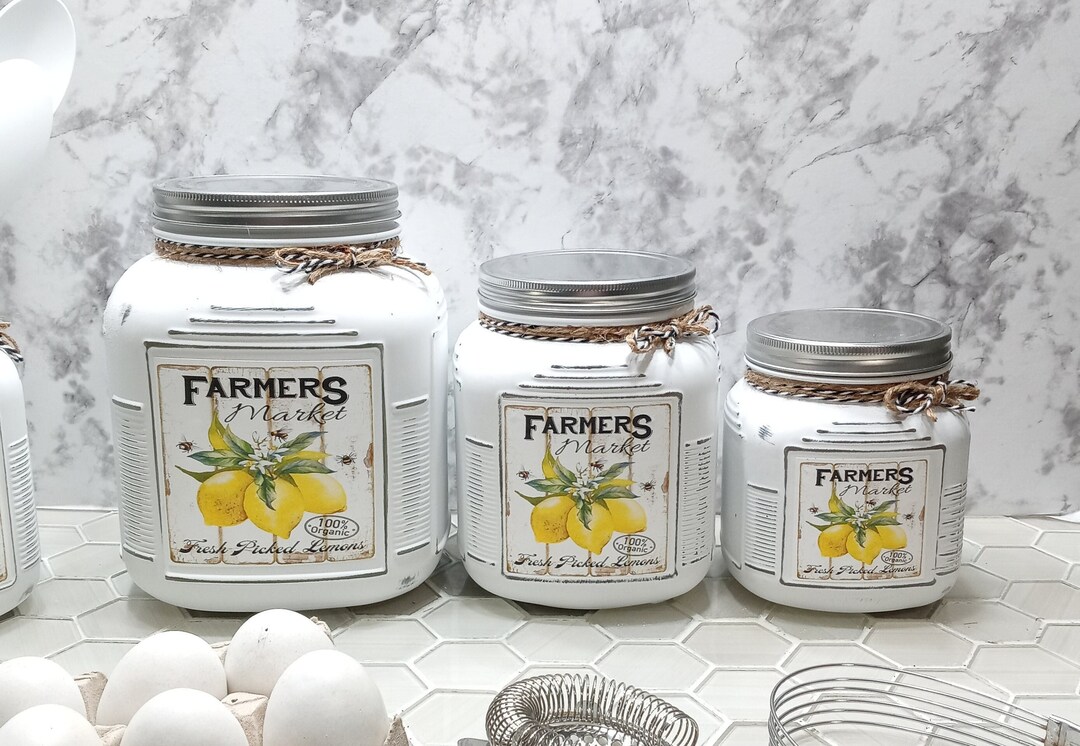 Rustic Lemon Yellow Kitchen Canisters, Kitchen Canister Set, Vintage Style Storage, Country
