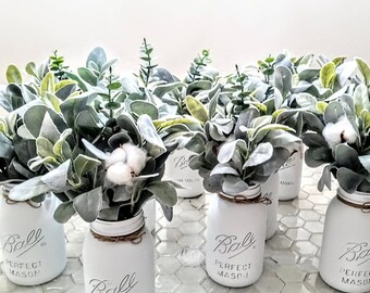 Cotton & Lambs Ear Floral Arrangement, Mason Jar Centerpiece, Cotton Stems, Farmhouse Table Decor, Country Party Table Centerpiece