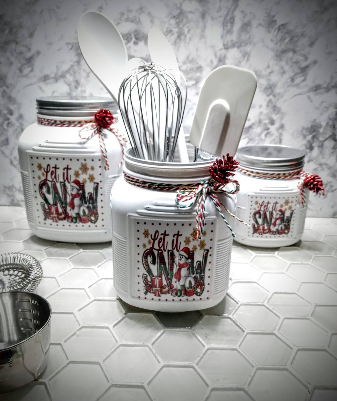 Snowman Kitchen Canister Set Utensil Holder/let It Snow / Vintage