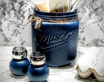 Navy Rustic Kitchen Utensil Holder, Mason Jar Decor, Kitchen Decor, Utensils, 55 Custom Colors,Utensil Holder,Mason Ball Jar,Rustic,Decor