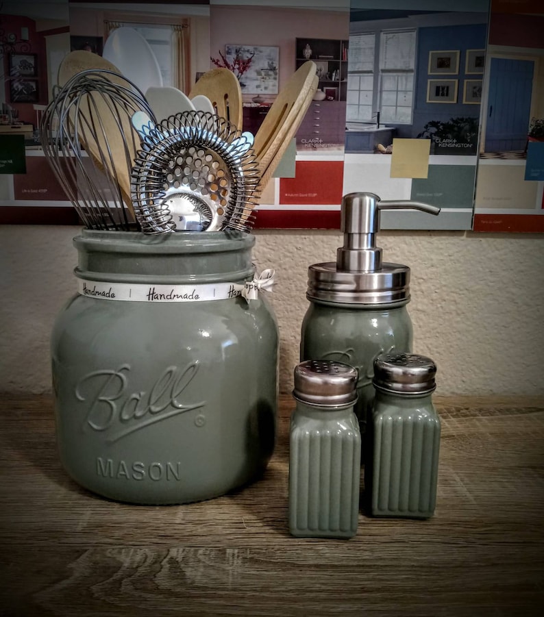Sage Green Rustic Kitchen Utensils Holder/farmhouse Mason Jar Etsy Denmark