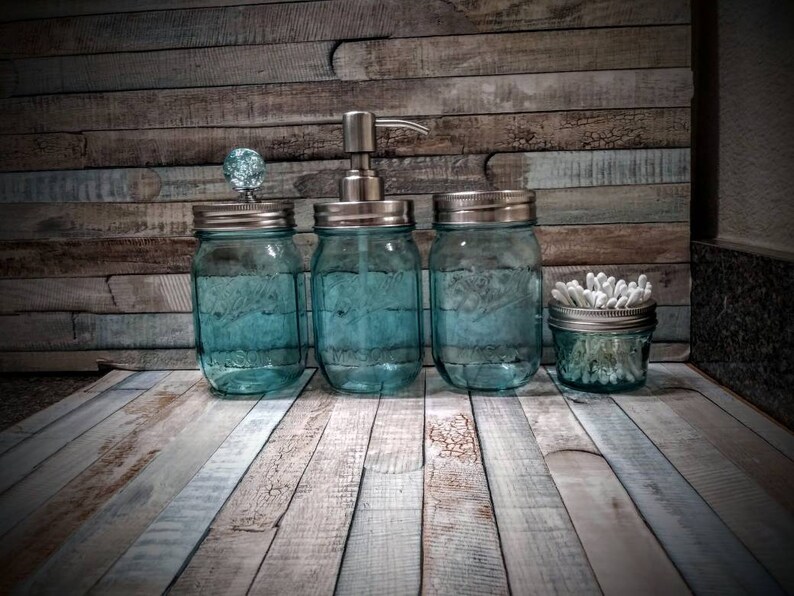 4 Piece Rustic Aqua Blue Mason Jar Bathroom Set/ with Glass Etsy