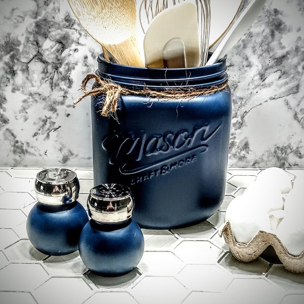 Navy Rustic Kitchen Utensil Holder, Mason Jar Decor, Kitchen Decor, Utensils, 55 Custom Colors,Utensil Holder,Mason Ball Jar,Rustic,Decor