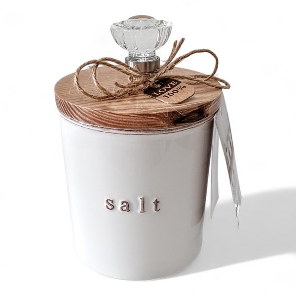 White Salt Cellar with Crystal Top- Ceramic Salt Cellar - Salt Cellar with lid - Salt Pig - Keeper - Salt Container - Stoneware Salt Cellar