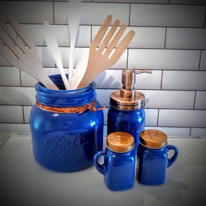 Blue Utensil Holder, Blue Utensil Crock, Mason Jar Utensil Holder, Copper Soap Dispenser, Blue Salt and Pepper Shakers, Vintage Style Gifts