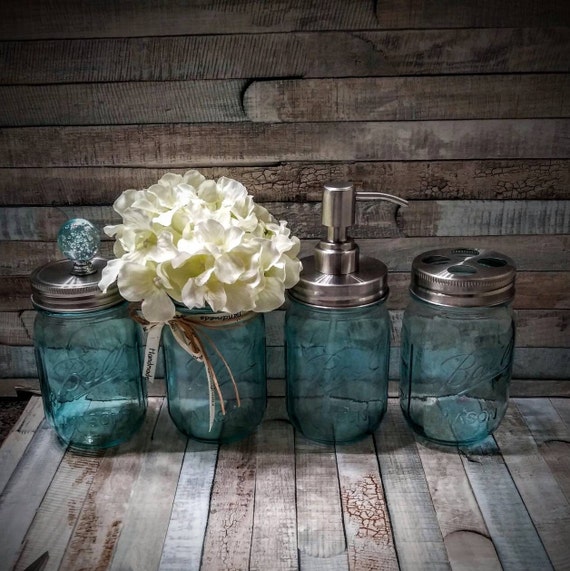 Aqua Blue Mason Jar Bathroom Set Farmhouse Decor Rustic -  Norway