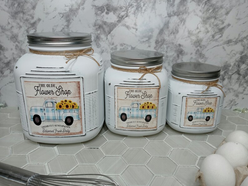 3 Piece Kitchen Canisters in Rustic Farmhouse Style with Vinyl Label Housewarming or Wedding Gift Idea Cottage, Coastal, Country Style image 1