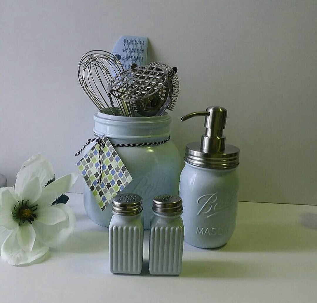 Blue Rustic Kitchen Utensil Holder, Mason Jar Decor, Kitchen Decor