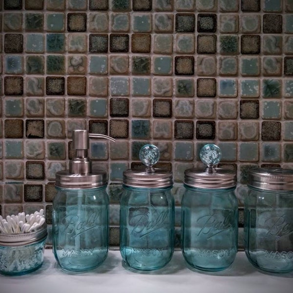 5 Piece Mason Jar Bathroom Set, Bathroom Set, Bathroom Storage, Aqua Blue Clear Mason Jar Set,Bathroom, Mason Jar Decor, Wedding Gift