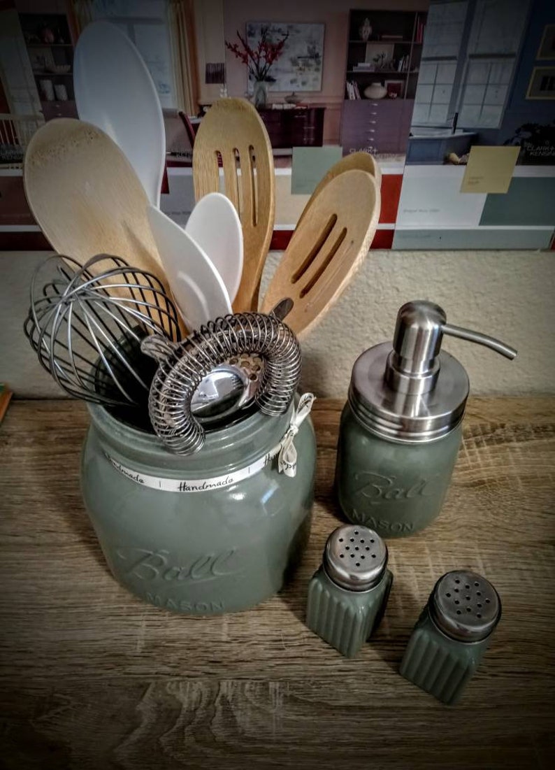 Sage Green Rustic Kitchen Utensils Holder/Farmhouse Mason Jar Etsy
