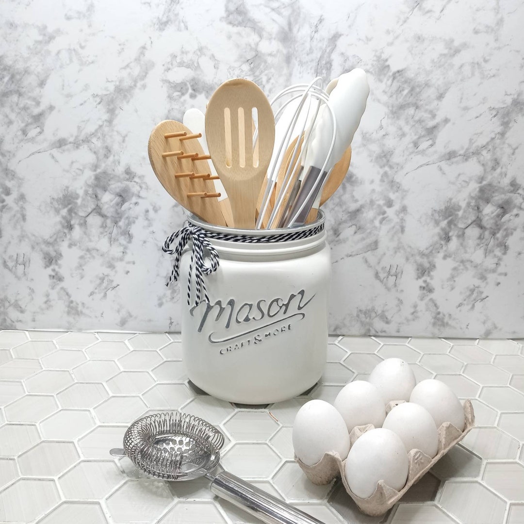 Large White Rustic Farmhouse Style Utensil Holder or Cookie Treat Jar