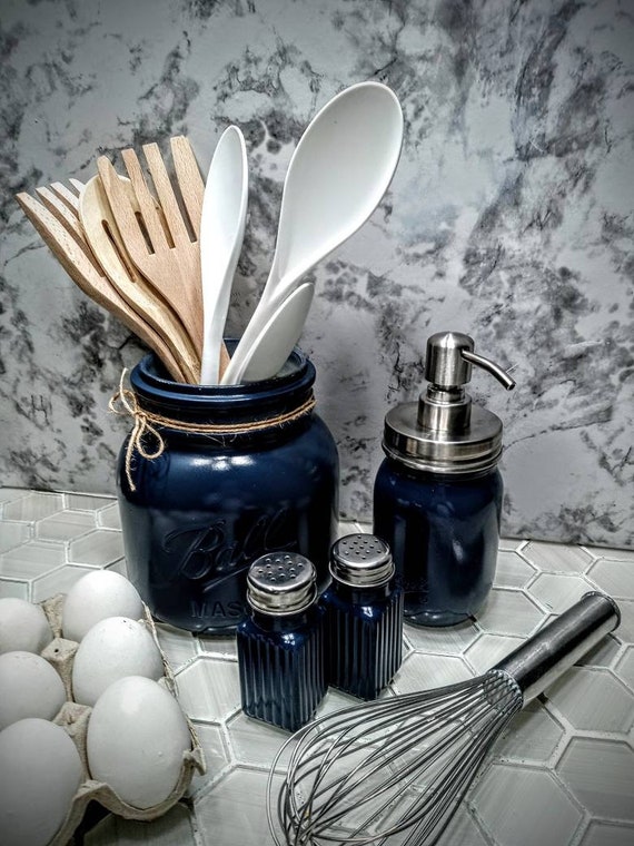 Navy Blue Rustic Kitchen Utensils Holder/farmhouse Mason Jar