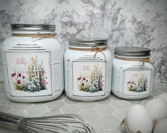 Hello Spring  Kitchen Canisters, Kitchen Canister Set, Vintage Style Storage, Country Canister Set, Personalized Canister Set, Gift Idea