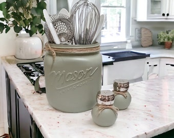 Sage Rustic Kitchen Utensil Holder, Mason Jar Decor, Kitchen Decor, Utensils, 55 Custom Colors,Utensil Holder,Mason Ball Jar,Rustic,Decor