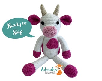 Crochet Pink Cow- Stuffed Cow- Cow Plush- Farm Animals- Barn Animals- Handmade Cow- Crochet Toy-Amigurumi- Ready to Ship